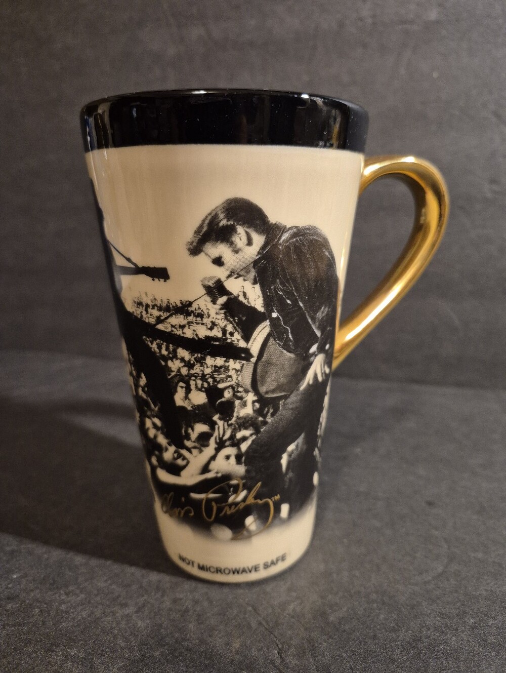 Elvis Presley Cream Ceramic Gold Tone Handle Travel Mug DO NOT MICROWAVE